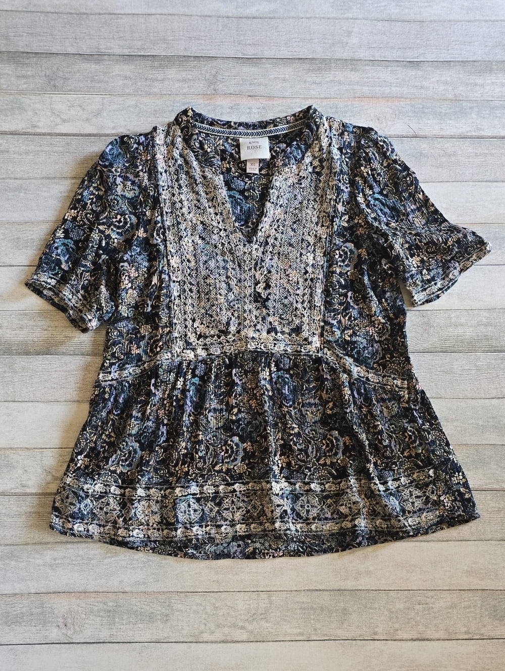 KNOX ROSE Navy and Cream Printed V-Neck Peplum Tunic Paisley Floral Size XS
